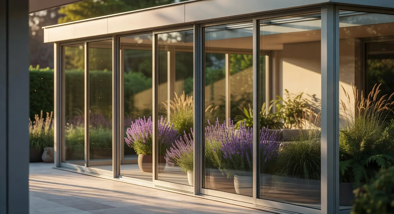 Aluminium veranda met glazen schuifwanden aan een woning in Vlaanderen