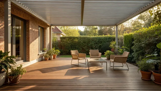 Bioklimatische pergola met aluminium lamellendak boven een terras